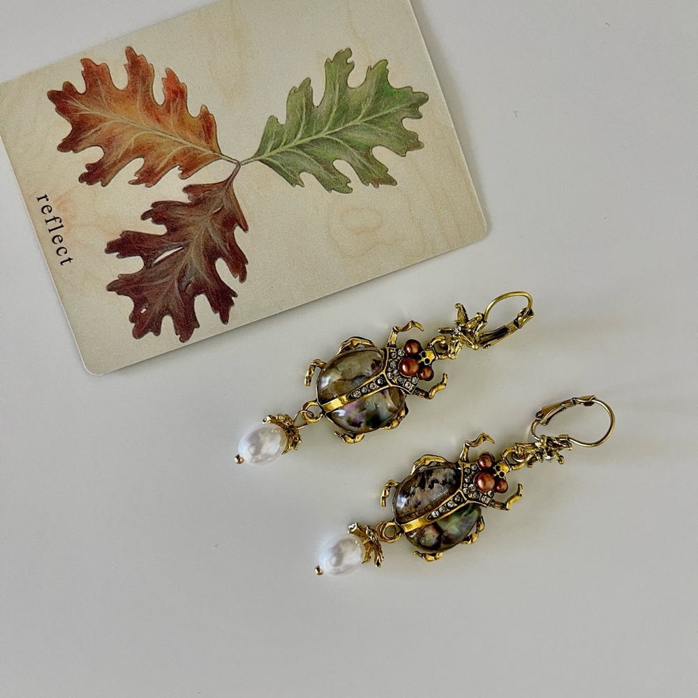 Unique Vintage Beetle Pearl Drop Earrings